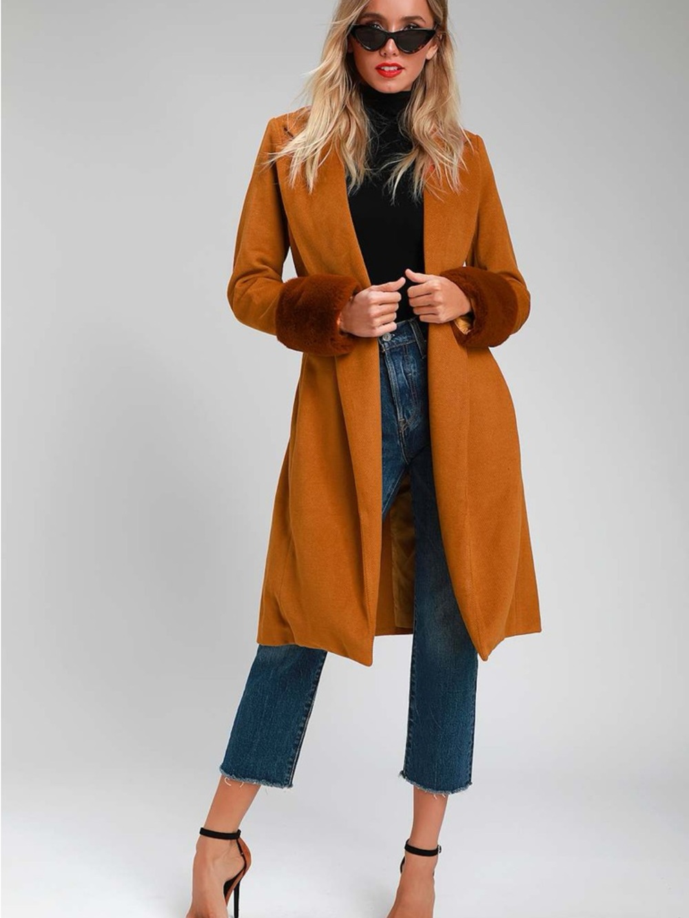 Lulu's Camel Belted Mariana Burnt Orange/ Brown Faux Fur Long Coat